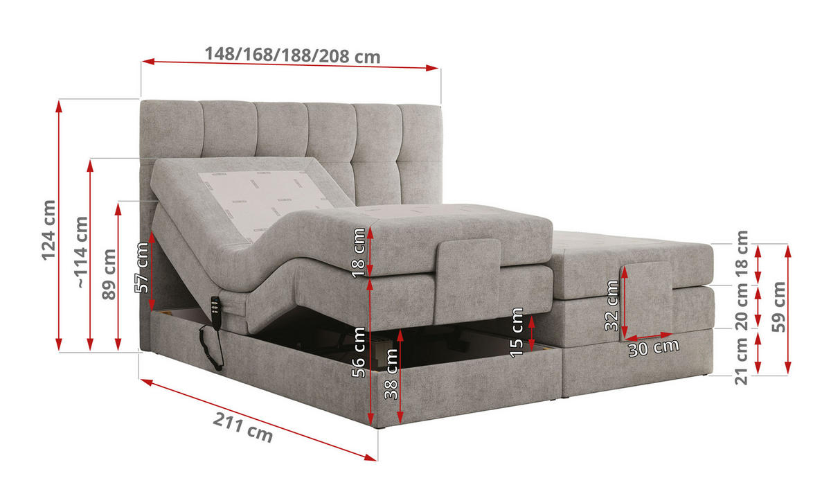 BOXBETT VITTORIA 180/200 - Hellgrau Struktur - H3 - Hellgrau, Holz/Textil (180/200cm) - MKS