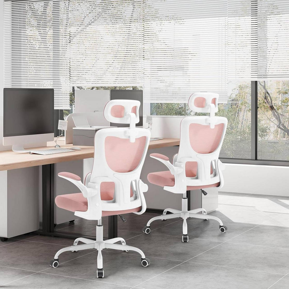 BÜROSTUHL ergonomisch, Netzstoff, Rosa - Schwarz/Rosa, Kunststoff/Textil (62/116/69.5cm) - Woltu