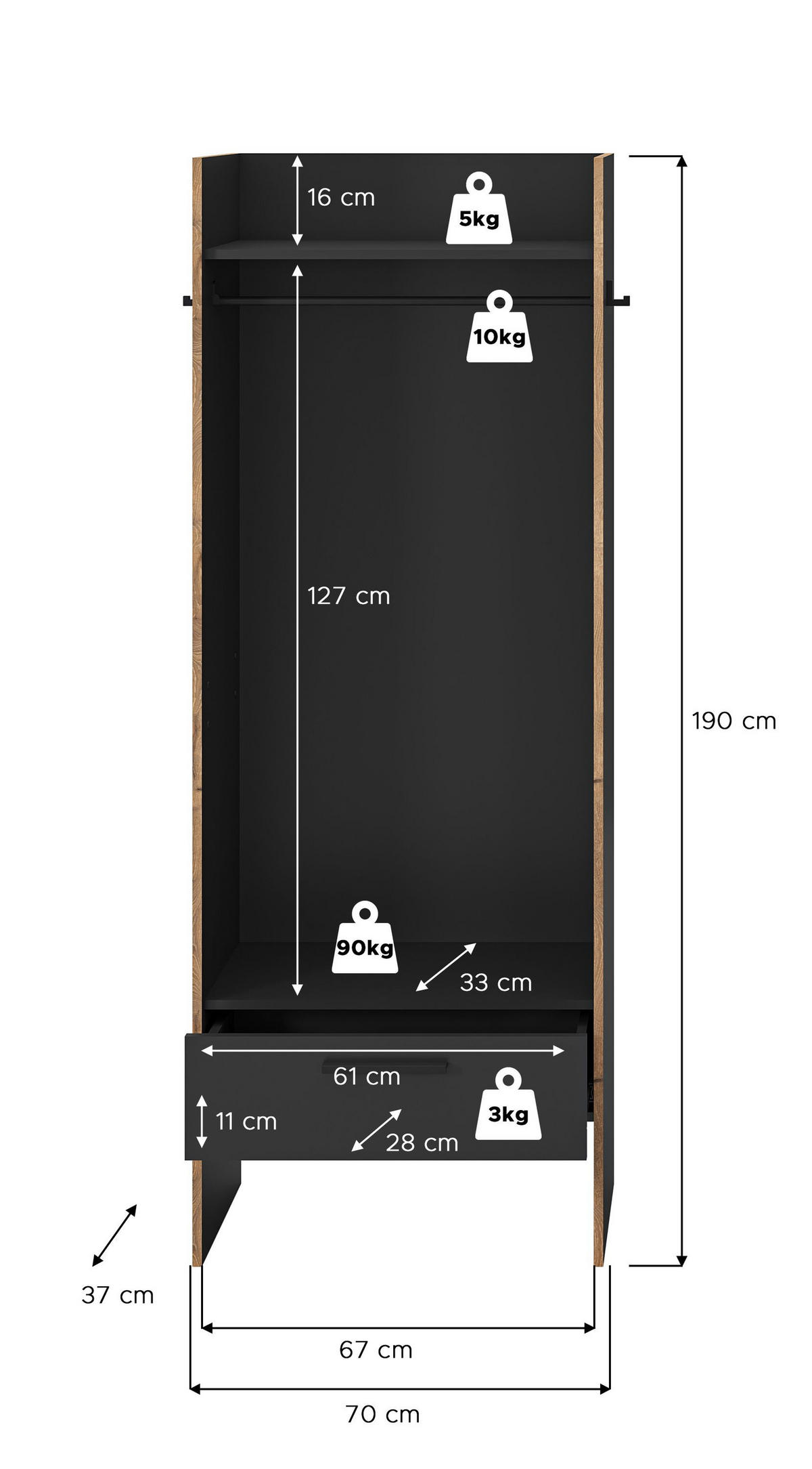 GARDEROBENSCHRANK BUENO (B/H/T: ca. 70/189/37 cm) in Basalt grau/Basalt grau - Grau, Holzwerkstoff (70/189/37cm)