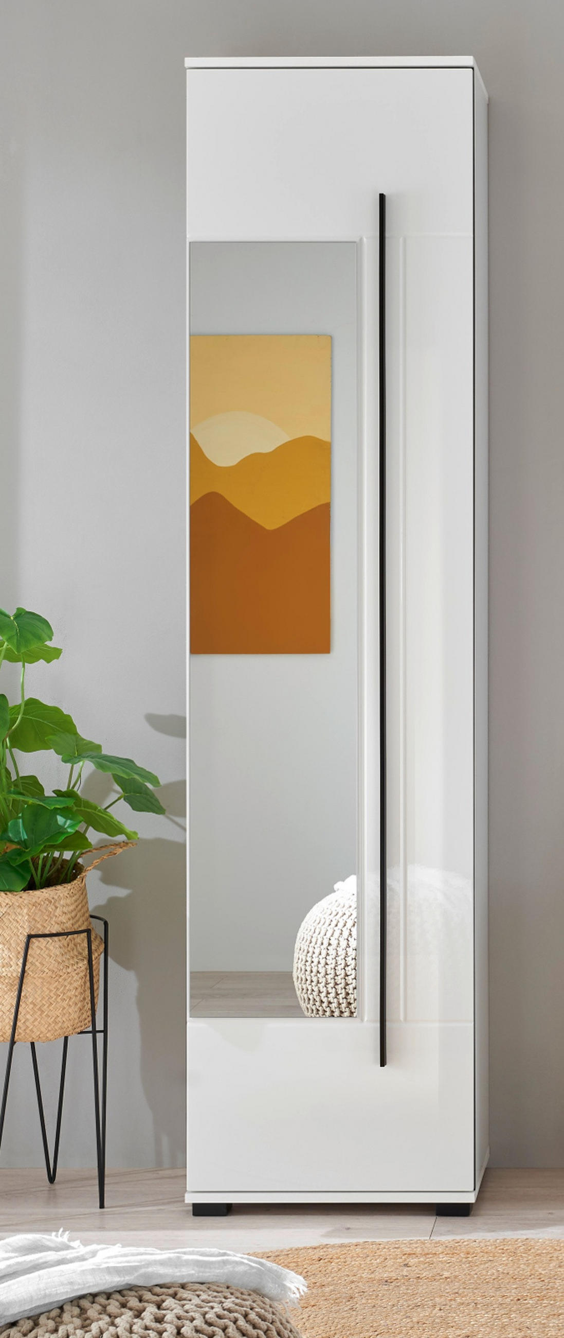 SCHUHSCHRANK weiß Hochglanz 50 x 200 cm, Garderobenschrank mit Spiegel - Weiß Hochglanz/Schwarz, Glas/Holzwerkstoff (50/200/39cm) - Furn.Design