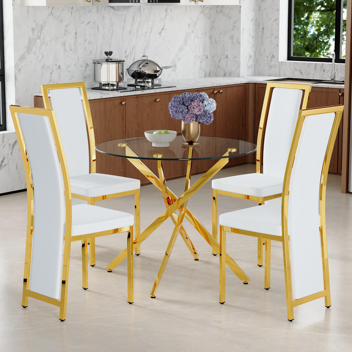 ESSGRUPPE DE-39460 5-teilig, Glastisch und 4 Stühlen mit Goldkante Weiß - Goldfarben/Weiß, Metall (88/75/88cm) - ComfortXL