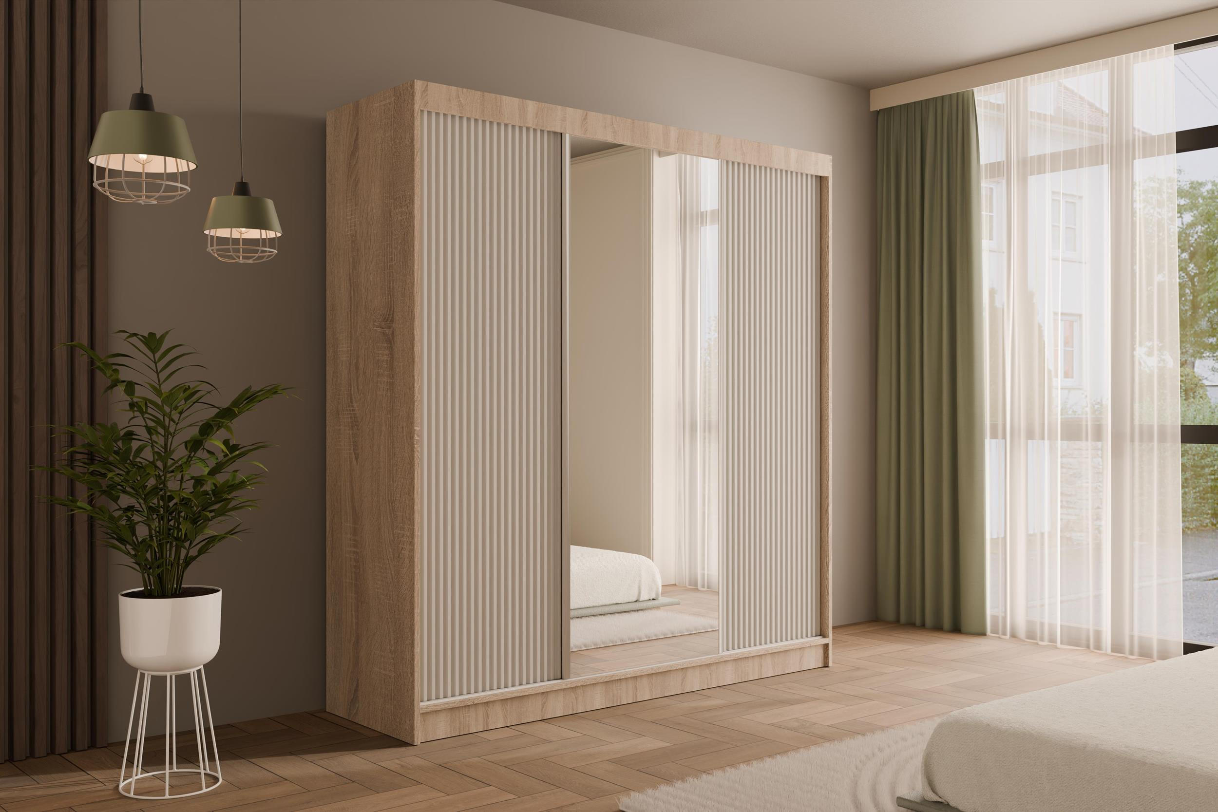 KLEIDERSCHRANK mit Spiegel V2-PRESTIG 215x200 cm - Sonoma Eiche|Weiß - Weiß/Sonoma Eiche, Holzwerkstoff (200/215/61cm) - ALTDECOR