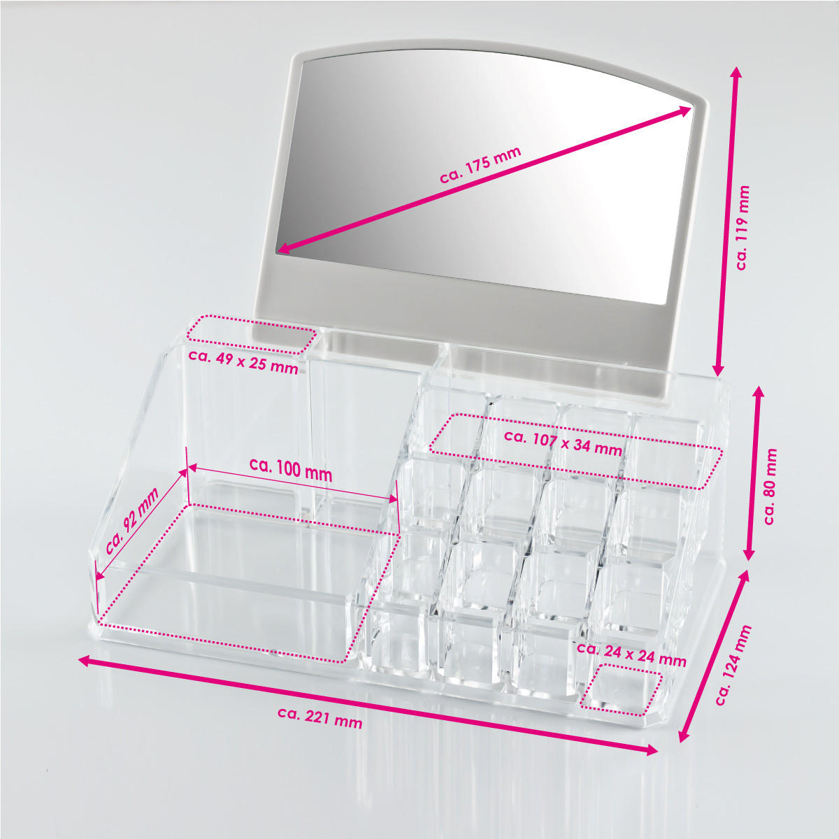 KOSMETIKORGANIZER, Spiegel abnehmbar, groß - Transparent, Kunststoff (22.5/13.5/19cm) - bremermann