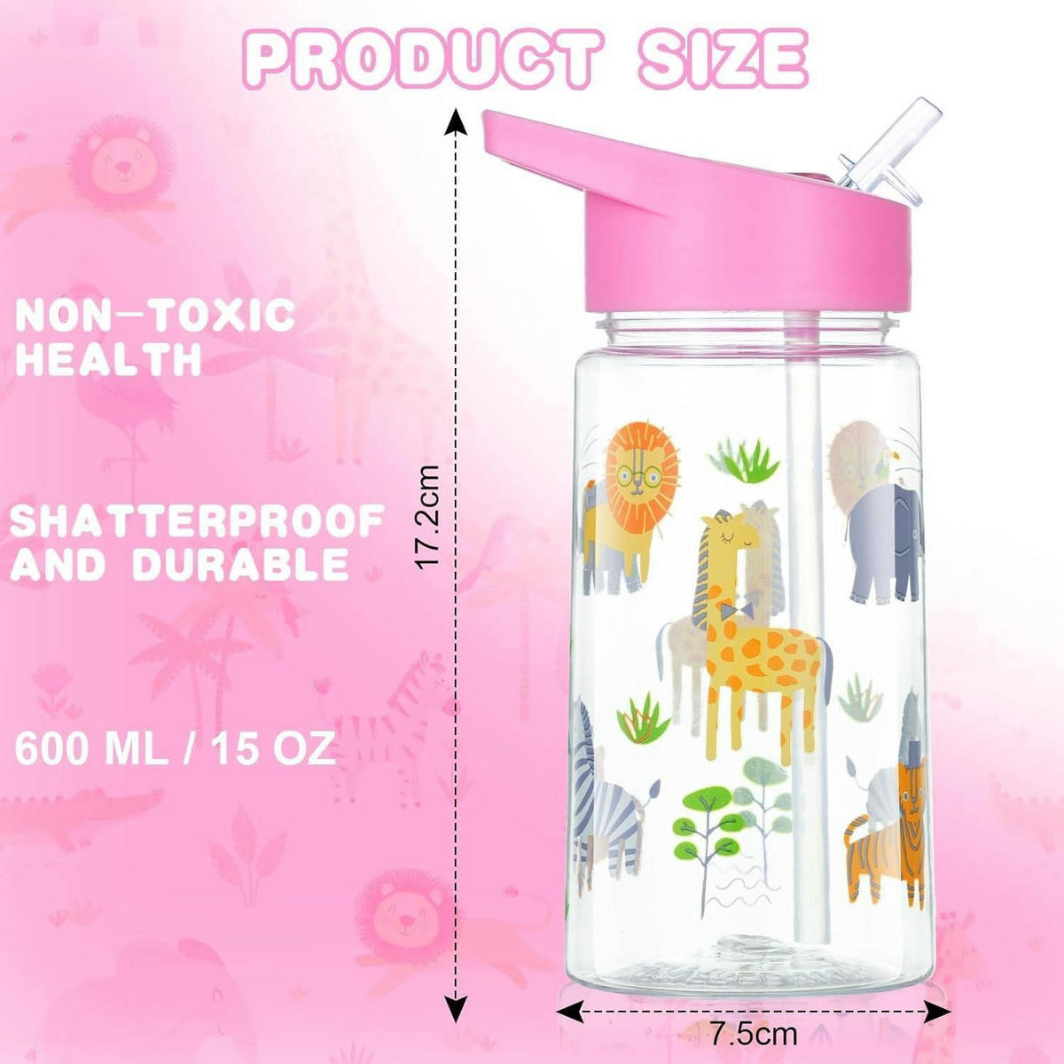 KINDER Trinkflasche mit Strohhalm 450 ml Rosa Tiere - Multicolor, Kunststoff (7.5/7.5cm)
