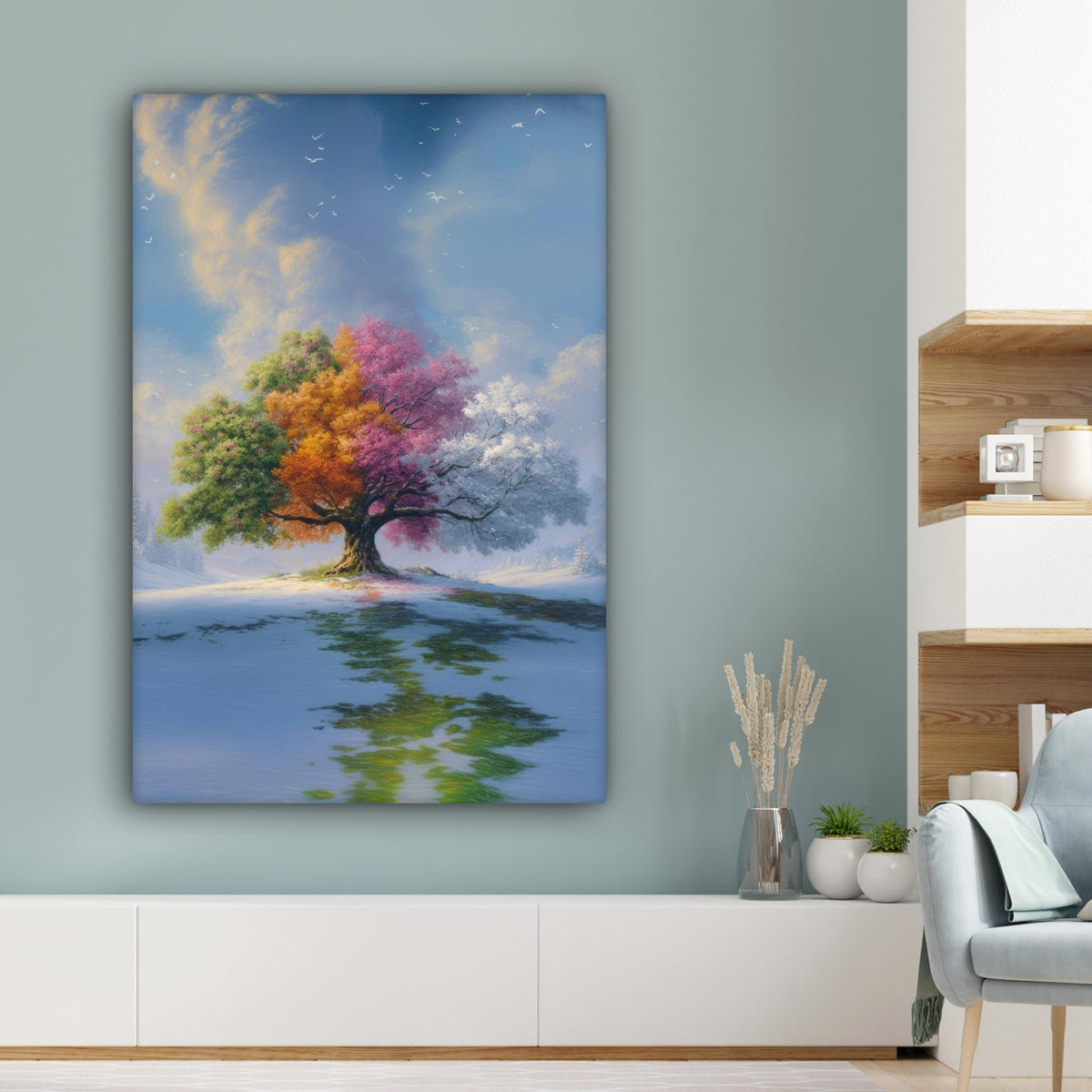 LEINWANDBILD Baum - Jahreszeiten - Winter - Landschaft Deko Groß 90x140 cm - Multicolor, Textil (90/140cm) - MuchoWow