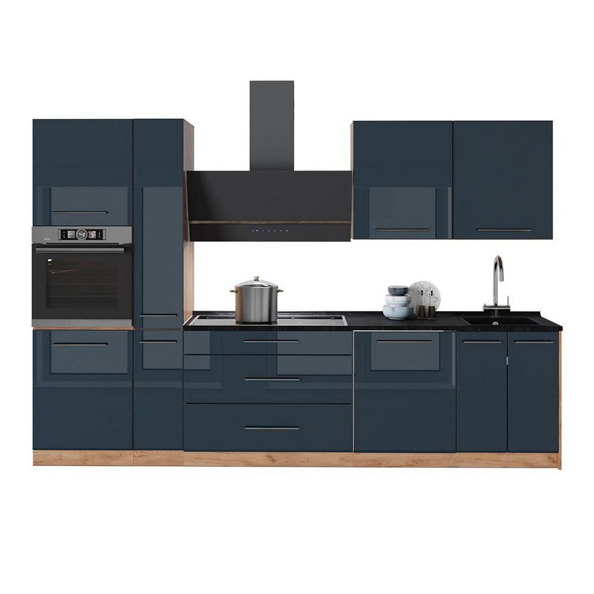 KÖK Fame-Line, Mörkblå högblank/Goldkraft ek, 310 cm, AP Oak - Honungsek/Mörkblå, Träbaserade material (310/206.8/60cm) - Vicco
