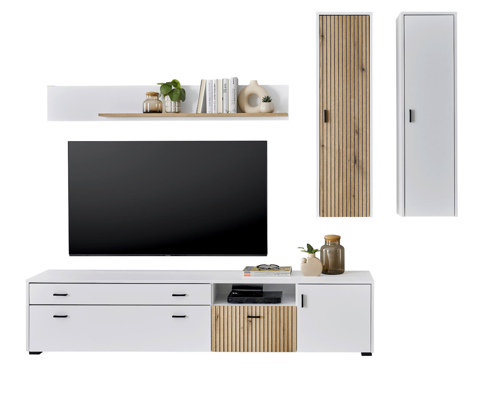WOHNWAND weiß matt, Eiche 4-teilig 243 x 180 cm, Schrankwand mit viel Stauraum und Soft-Close - Eichefarben/Schwarz, Glas/Holzwerkstoff (243/180/42cm) - Furn.Design