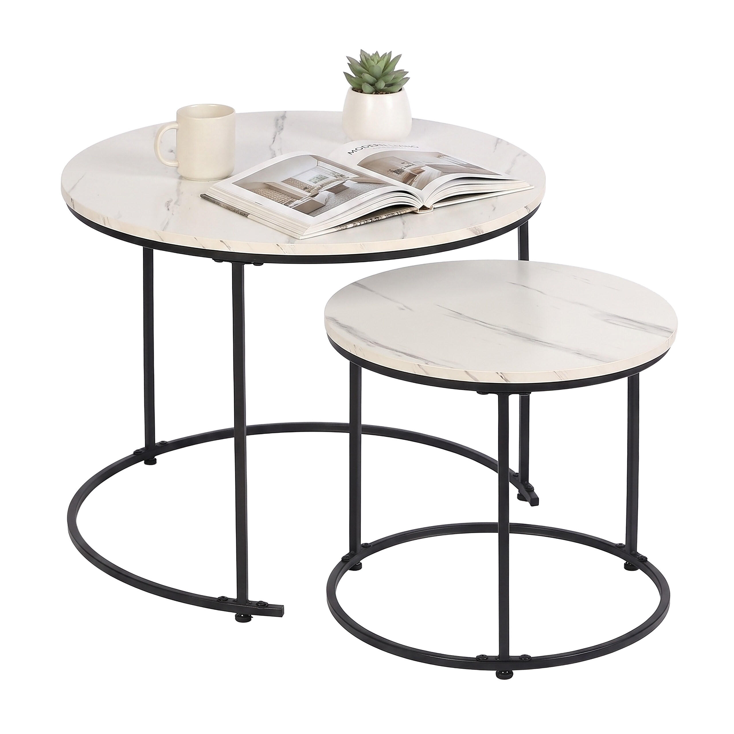 Relaxdays STOLEK Bílá Černá 2-dílná sada mramorový vzhled kov 60 cm
