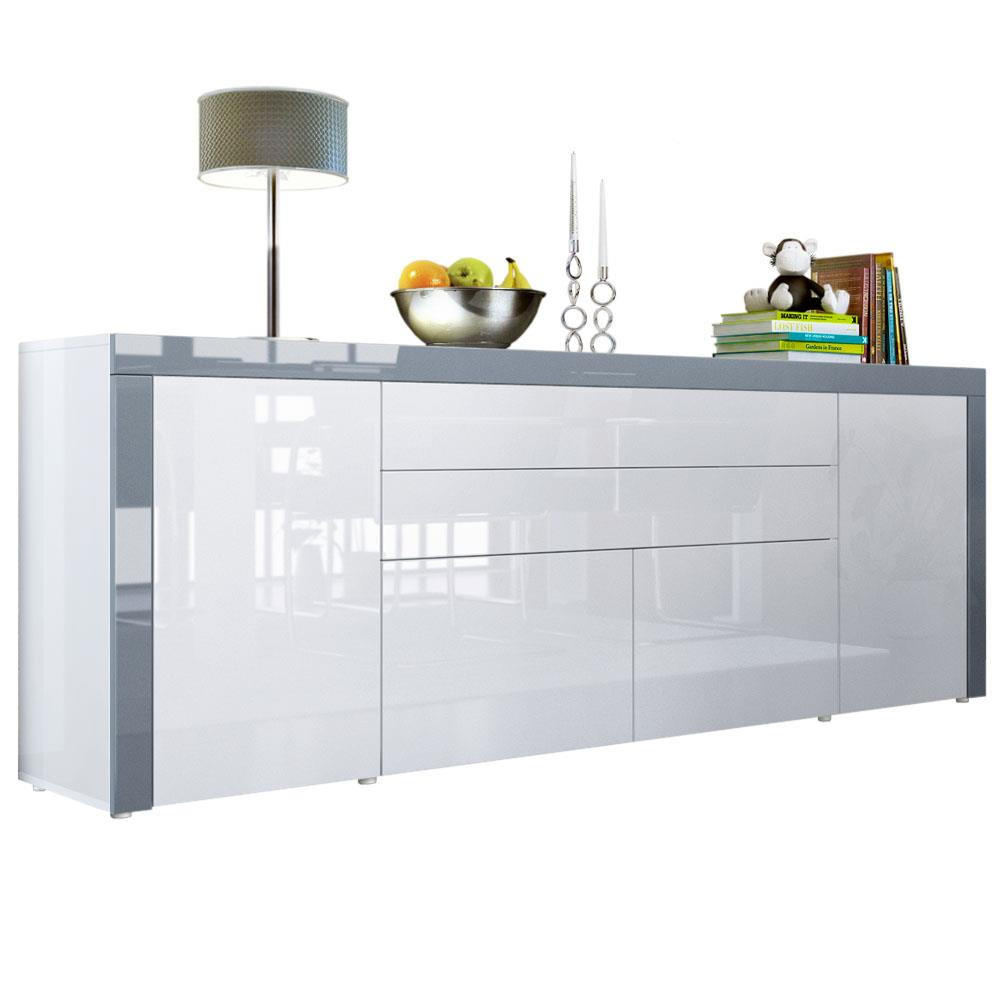 Vladon Sideboard Weiß Hochglanz, Grau 200x72x35 cm