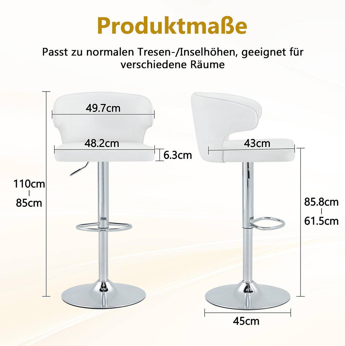 BARHOCKER mit Lehne, höhenverstellbar und 360° drehbar, Weiß, PU - Weiß, Kunststoff (45/110/49.7cm) - MIVRAY