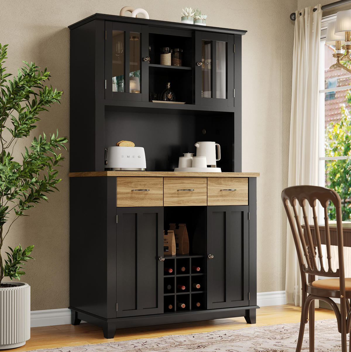 BUFFET 106/40/179,5 cm aus MDF mit LED-Beleuchtung Schwarz - Schwarz, Holzwerkstoff (106/179.5/40cm) - Modenvie