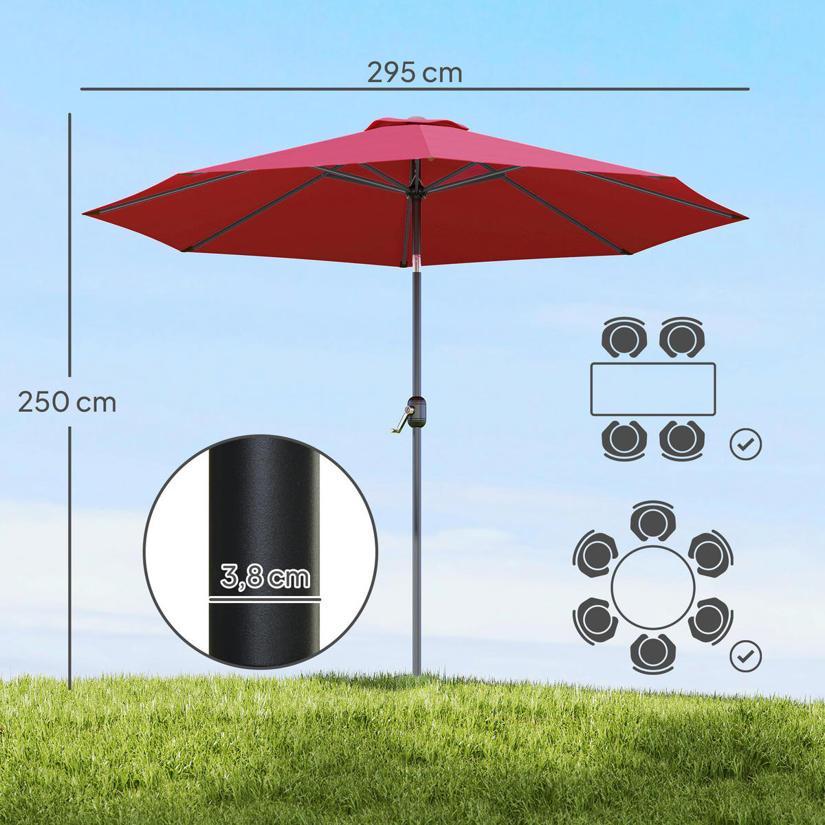 SONNENSCHIRM DE-11398 neigbar, mit Kurbel, Ø 3 m Bordeaux - Rot, Metall (295/295cm) - ComfortXL