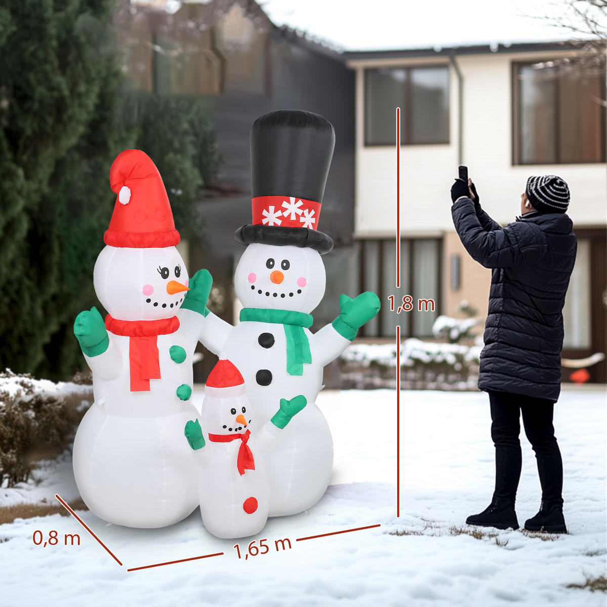 AUFBLASBAR Schneemann Familie, 1,8 m Weihnachtsdeko mit LED-Beleuchtung - Weiß, Textil (80/180/165cm) - Outsunny