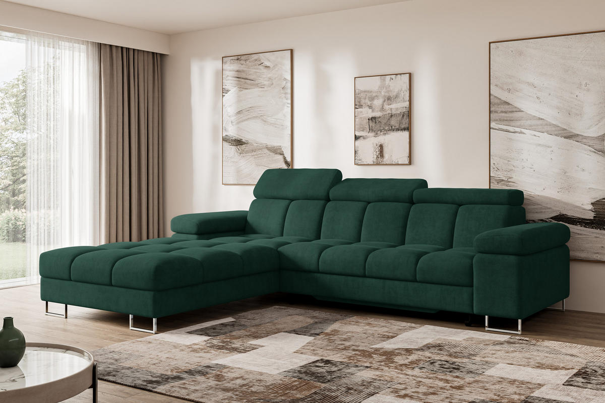 ECKSOFA mit Schlaffunktion Ottomane Links COMA L 271x203x79 Grün Velours - Grün, Holzwerkstoff/Textil (271/203cm) - ALTDECOR