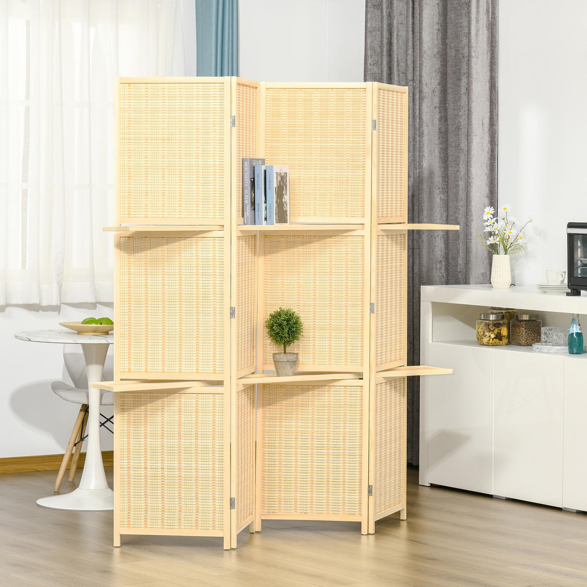 PARAVENT 4-teilig 180 x 180 cm mit Ablage Natur - Naturfarben, Holz (1.9/180/180cm) - HOMCOM