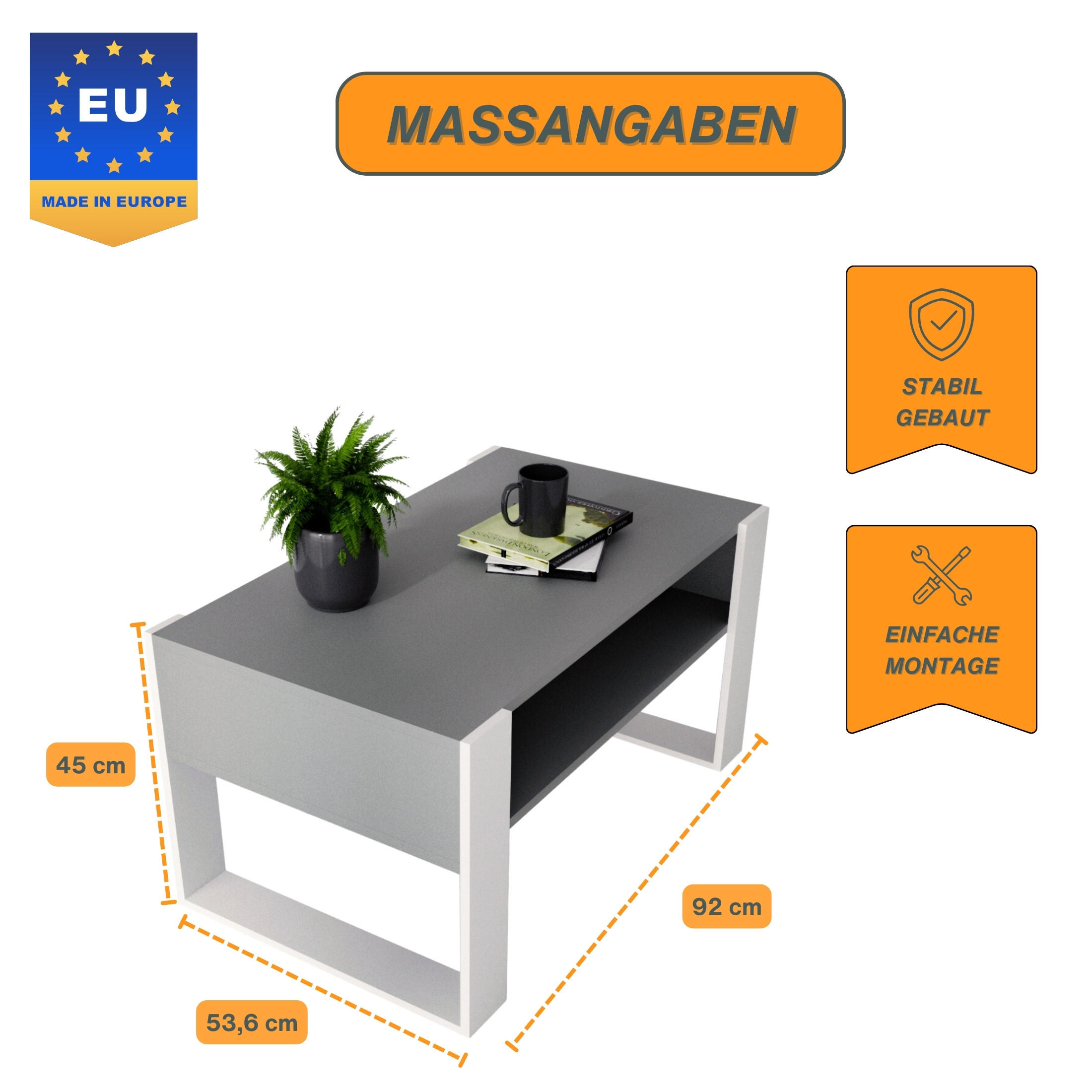 COUCHTISCH Holzwerkstoff rechteckig stabil 45x53,6x92cm 45/53,6/92cm - Dunkelgrau/Weiß, Holzwerkstoff (53.6/92/45cm) - CraftPAK