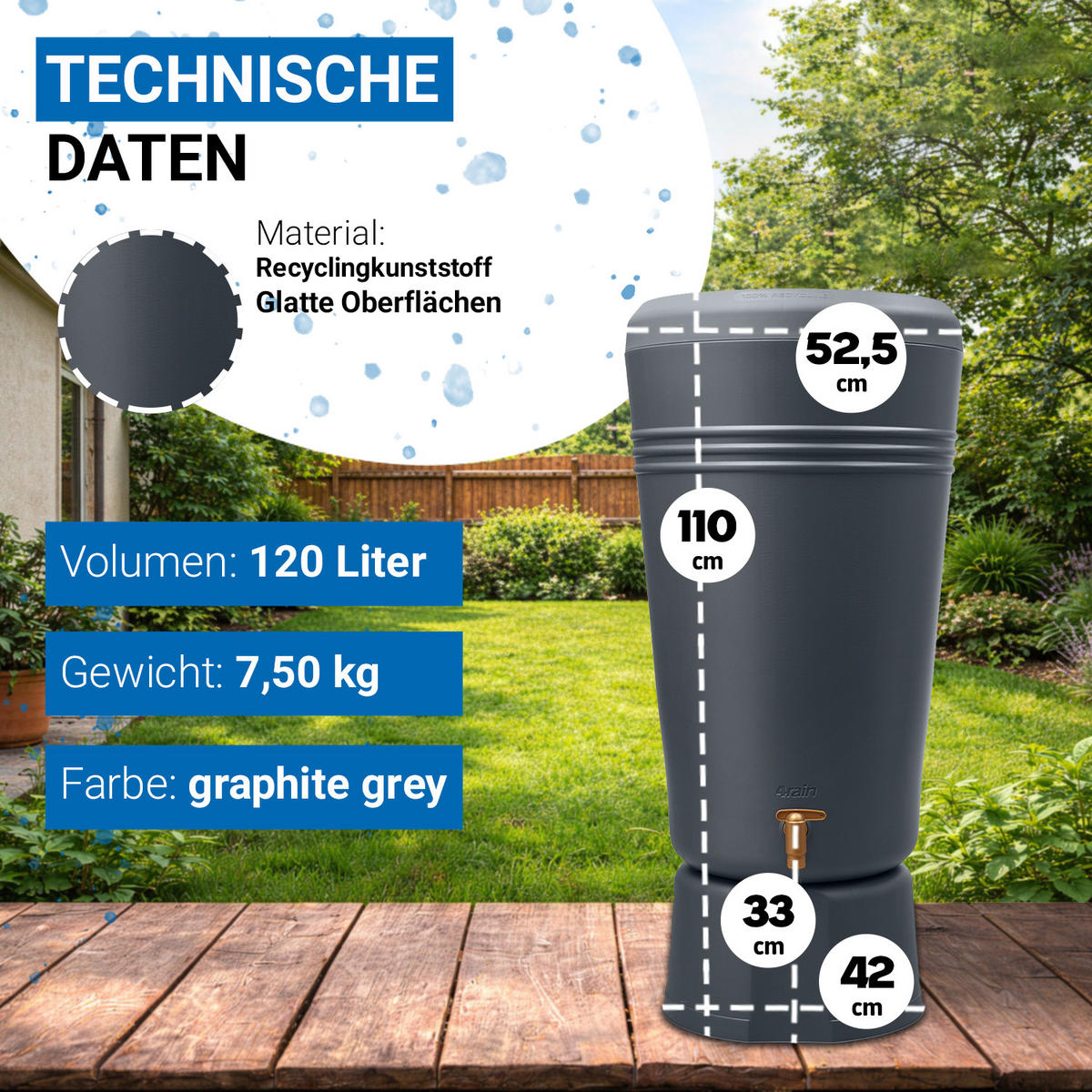 2IN1 Regentonne 120 L, graphite grey inkl. Pflanzschale und Unterstand - Grau, Kunststoff (52.5/110/59cm) - 4rain