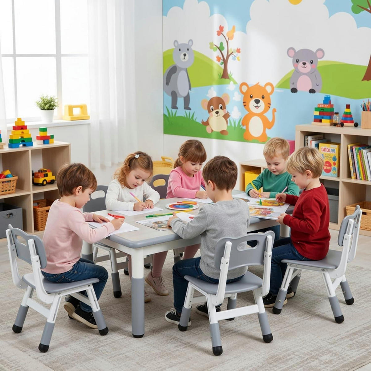 KINDERTISCH- und Stuhl-Set 7-teilig höhenverstellbar Grau - Grau, Kunststoff (60/60/120cm)