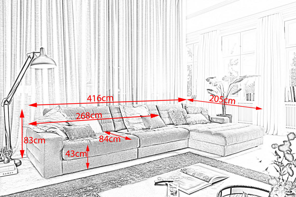 ECKSOFA XL LANA Taupe Cord - Taupe/Schwarz, Textil (416/205cm) - KAWOLA