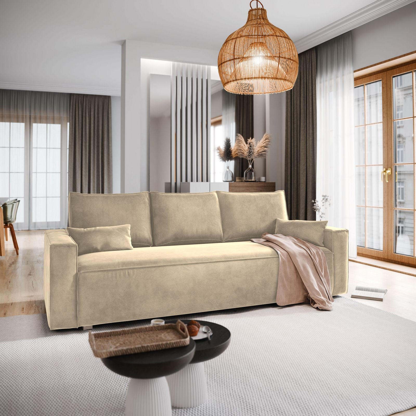 BETTSOFA ALATRI Creme Velours-Stoff mit Schlaffunktion - Creme, Textil (230/85/87cm) - MASSENO
