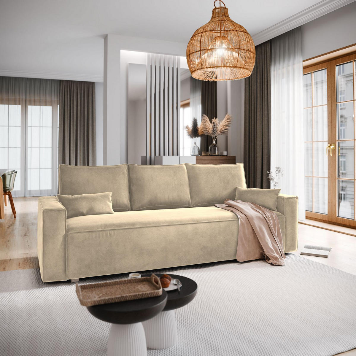 BETTSOFA ALATRI Creme Velours-Stoff mit Schlaffunktion - Creme, Textil (230/85/87cm) - MASSENO