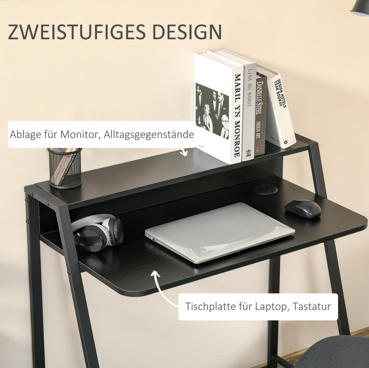 SCHREIBTISCH mit Ablage 84 x 45 x 85 cm MDF Schwarz - Schwarz, Holz (84/45/85cm) - Meubliv