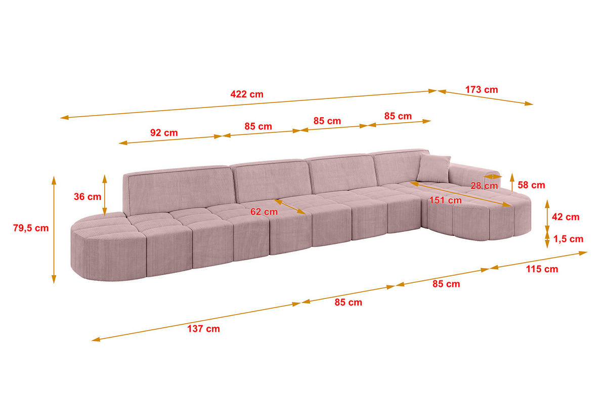ECKSOFA Ottomane Rechts LIVO-L3 - 422x173x79,5 cm Rosa - Rosa, Holzwerkstoff/Textil (422/173cm) - ALTDECOR
