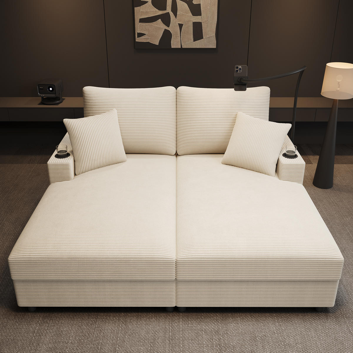 2-SITZER Schlafsofa Cord mit USB-Anschluss und Getränkehaltern Beige 163/140/82 cm - Beige, Textil (140/82/163cm) - Redom