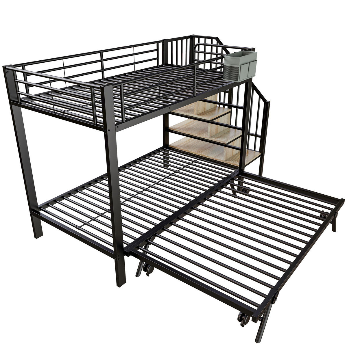 ETAGENBETT aus Metall 90x200/180x200 cm Schwarz mit Ausziehbett, Stauraumtreppe und Stofftasche - Schwarz, Metall (90/200cm) - Modfu