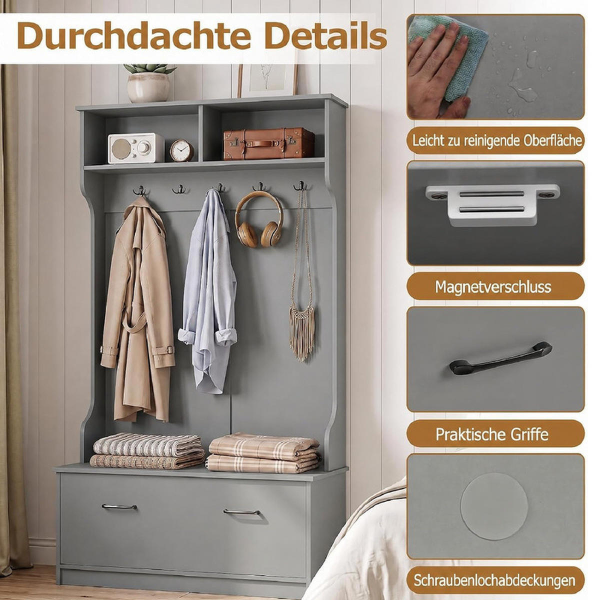 GARDEROBENSTÄNDER mit Schuhschrank grau - Grau, Holzwerkstoff (100/180/71cm) - COSTWAY
