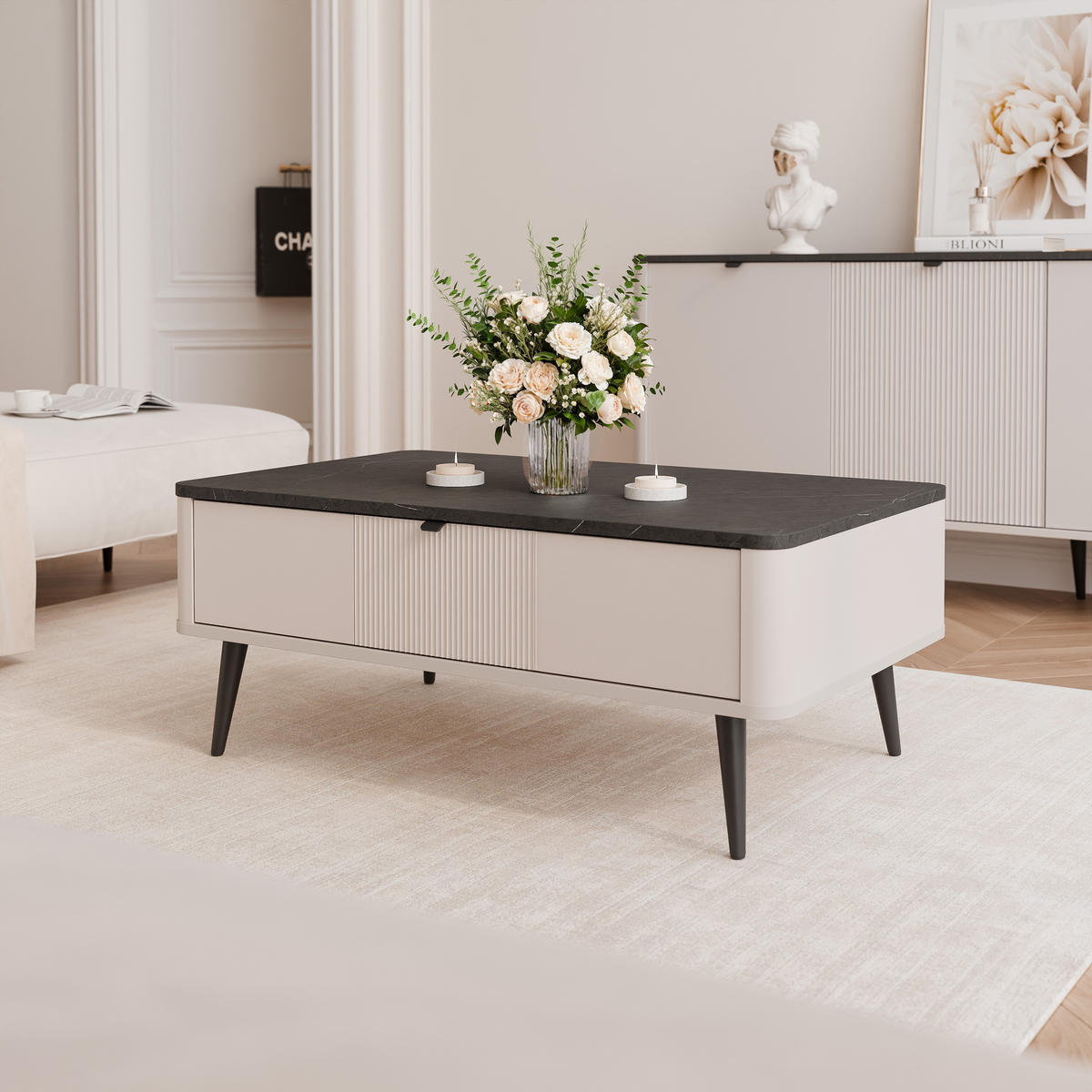 COUCHTISCH NAVANI auf schwarzen Beinen – Kaschmir / Stein - Kaschmir, Holzwerkstoff (60/100/42cm) - Idohome