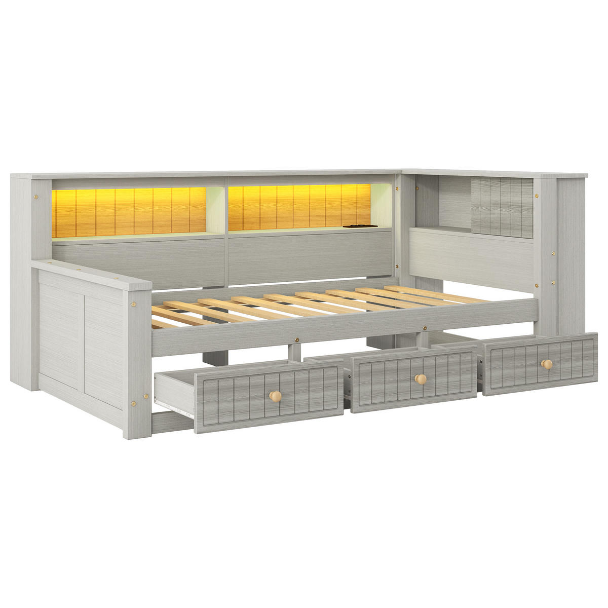 STAURAUMBETT 90/200 cm DE-03353, mit Ablagefächern, 3 Schubladen und LED, in Grau - Grau, Holz/Holzwerkstoff (90/200cm) - ComfortXL