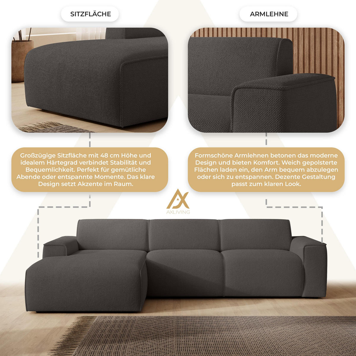 ECKSOFA L Form Didim mini Grau 310/165/78 cm – stilvolle kleine Eckcouch L - Schwarz/Grau, Kunststoff/Textil (165/310cm) - AX Living