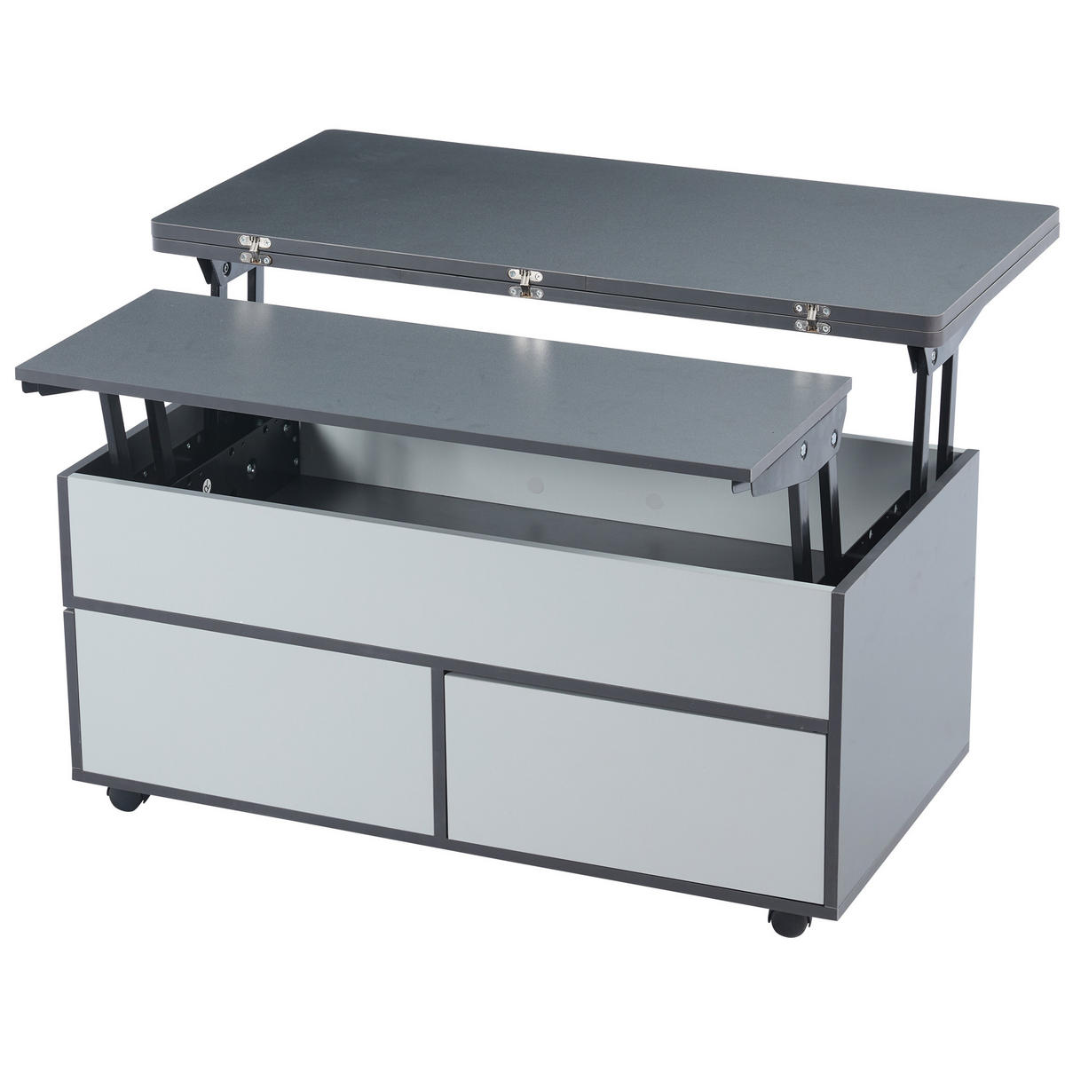 COUCHTISCH 100/98/65 cm höhenverstellbar mit Stauraum, Schublade, Schrank und Rollen aus Spanplatte, Grau/Weiß - Grau, Holzwerkstoff (100/98/65cm) - Modfu