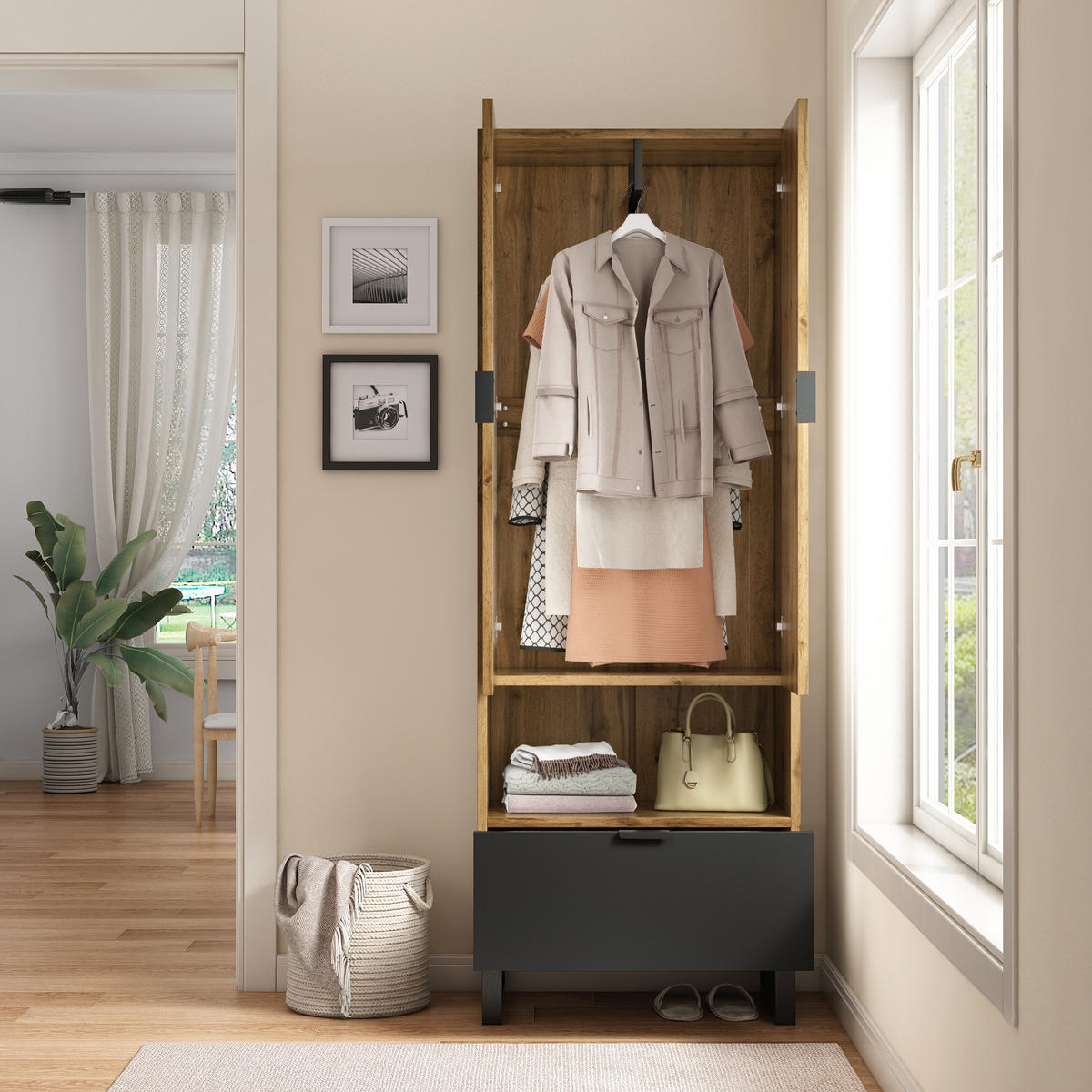 GARDEROBENSCHRANK 1 Schublade Kleiderstange verstellbar modern - Naturfarben, Holzwerkstoff (38/65/180cm) - FLIEKS