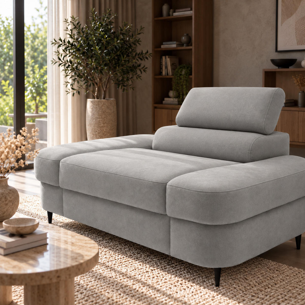 SESSEL PRIAM mit verstellbare Kopfstütze Velours Grau - Schwarz/Grau, Holz/Textil (145/97/105cm) - Muffo