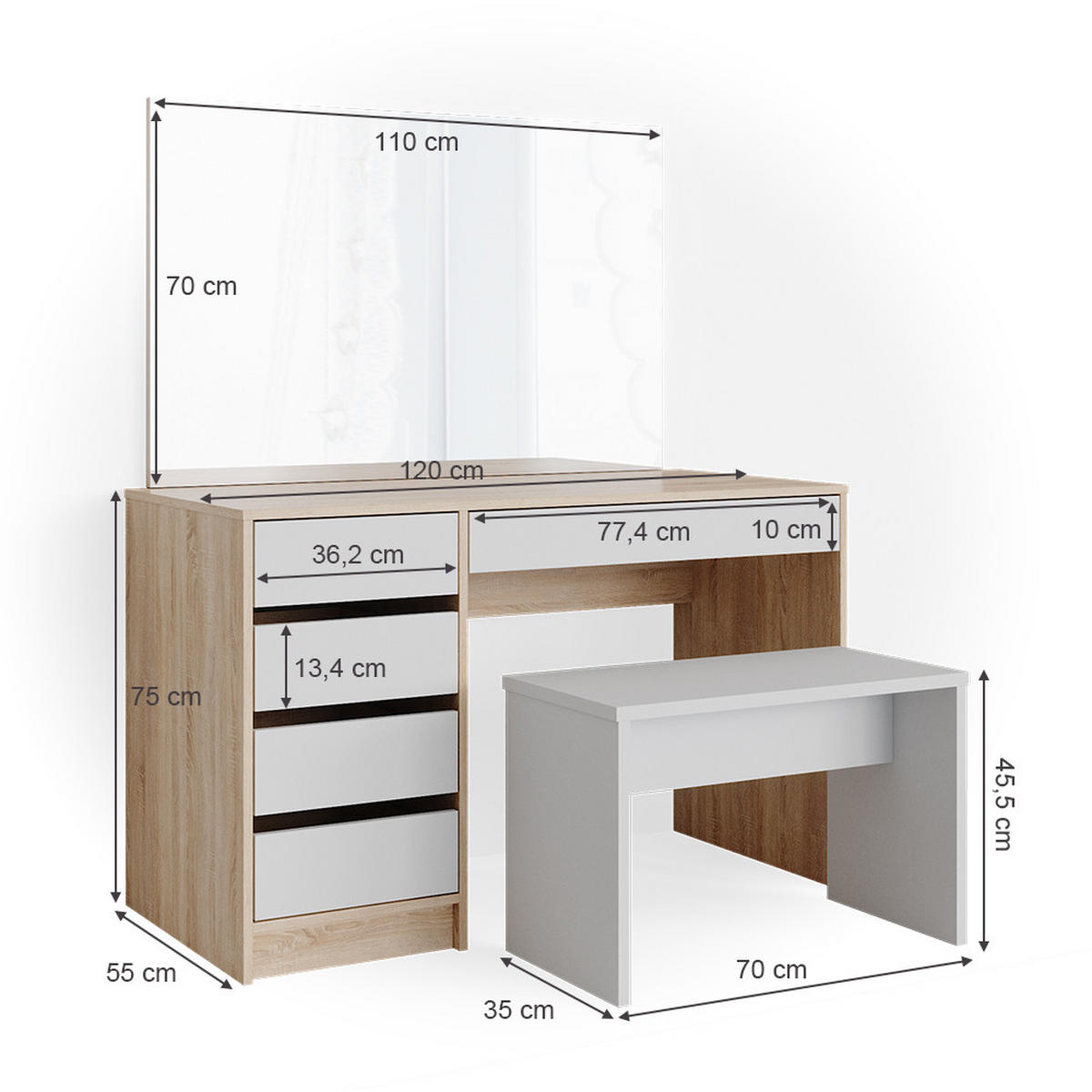 SCHMINKTISCH Sherry Weiß/Sonoma 120 cm mit Bank - Weiß/Sonoma Eiche, Holzwerkstoff (55/75/120cm) - Vicco