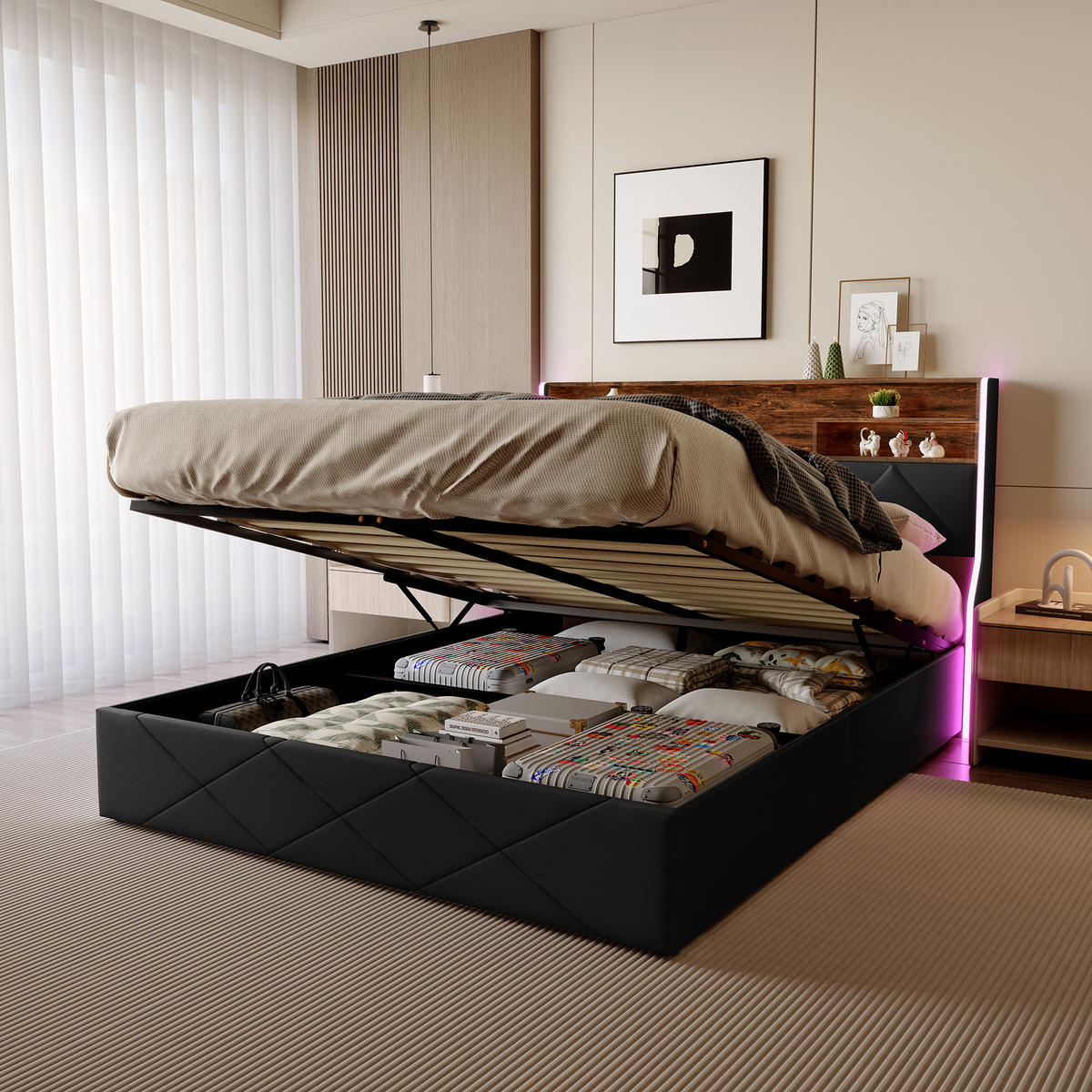 POLSTERBETT 160/200 cm Schwarz mit Bettkasten, LED-Beleuchtung, Kopfteil mit Ablage und USB-C/USB-Anschluss - Schwarz, Metall (160/200cm) - EuroLiving