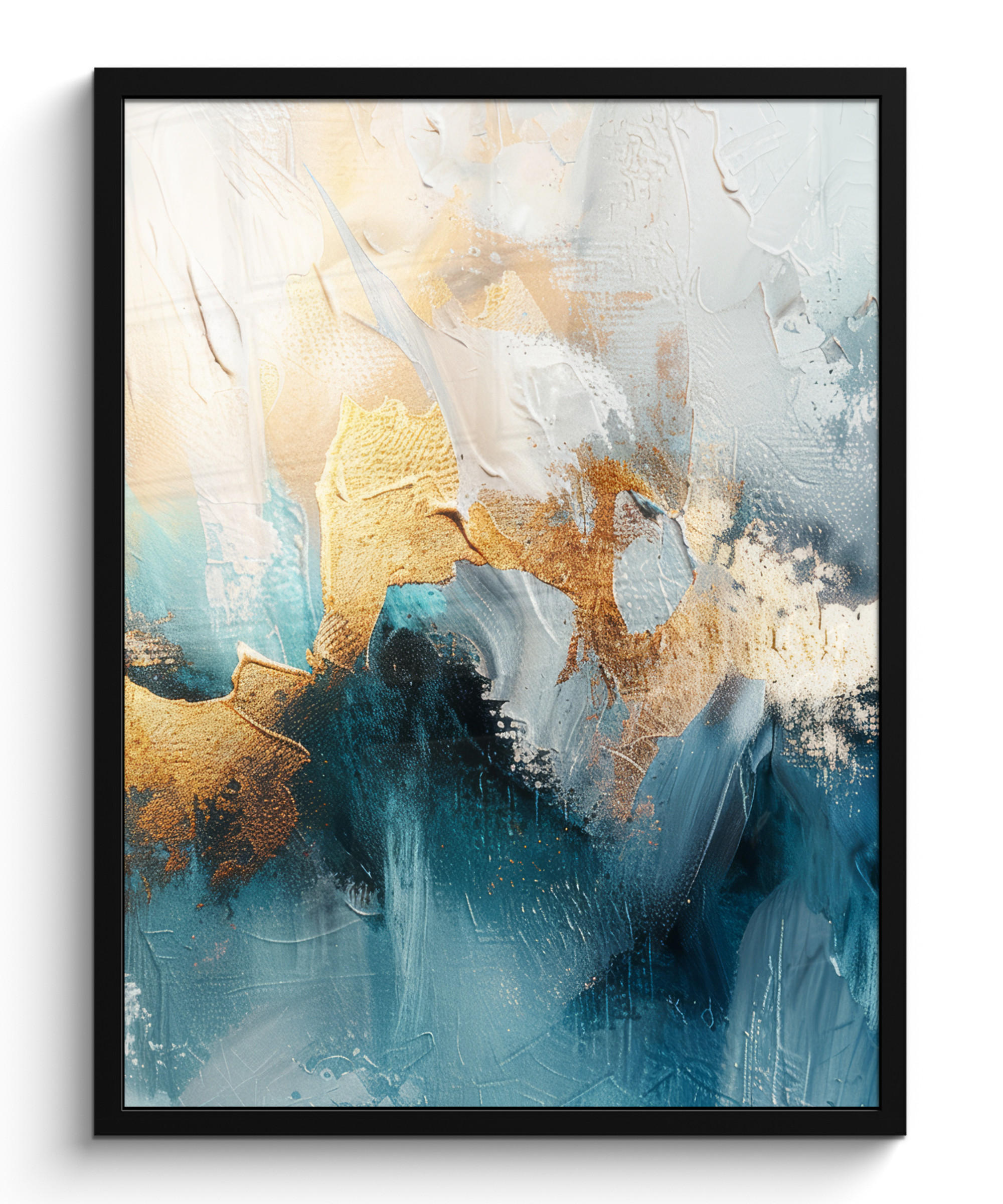 GERAHMTES BILD Abstrakt - Kunst - Gold - Blau 60x80 cm - Petrol, Papier (60/80cm) - MuchoWow