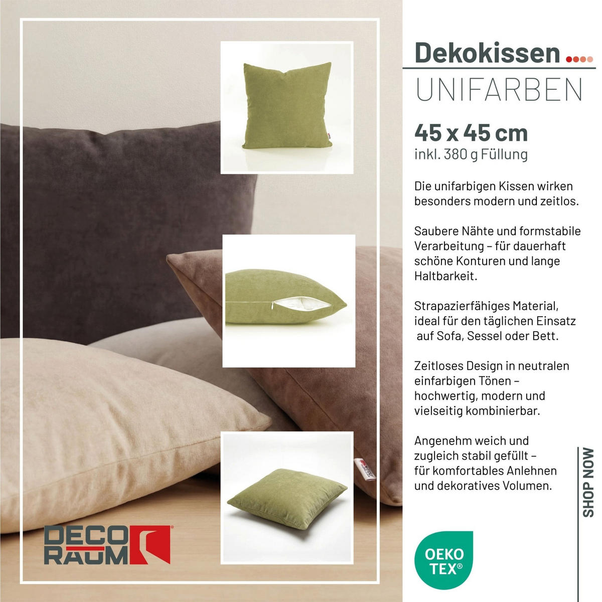 DEKOKISSEN Uni Grün 45x45 cm mit Füllung - Grün, Textil (45/45cm) - Deco-Raum