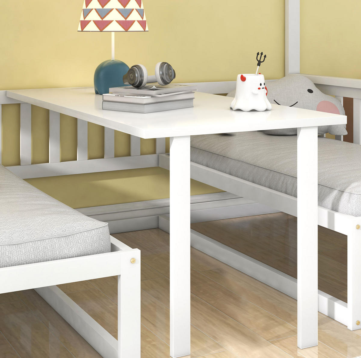ETAGENBETT aus Kiefer und MDF 245,5x125x170 cm Weiß mit Treppe, verstellbarem Tisch und ausziehbarer Liegefläche - Weiß, Holzwerkstoff (90/200cm) - Modfu