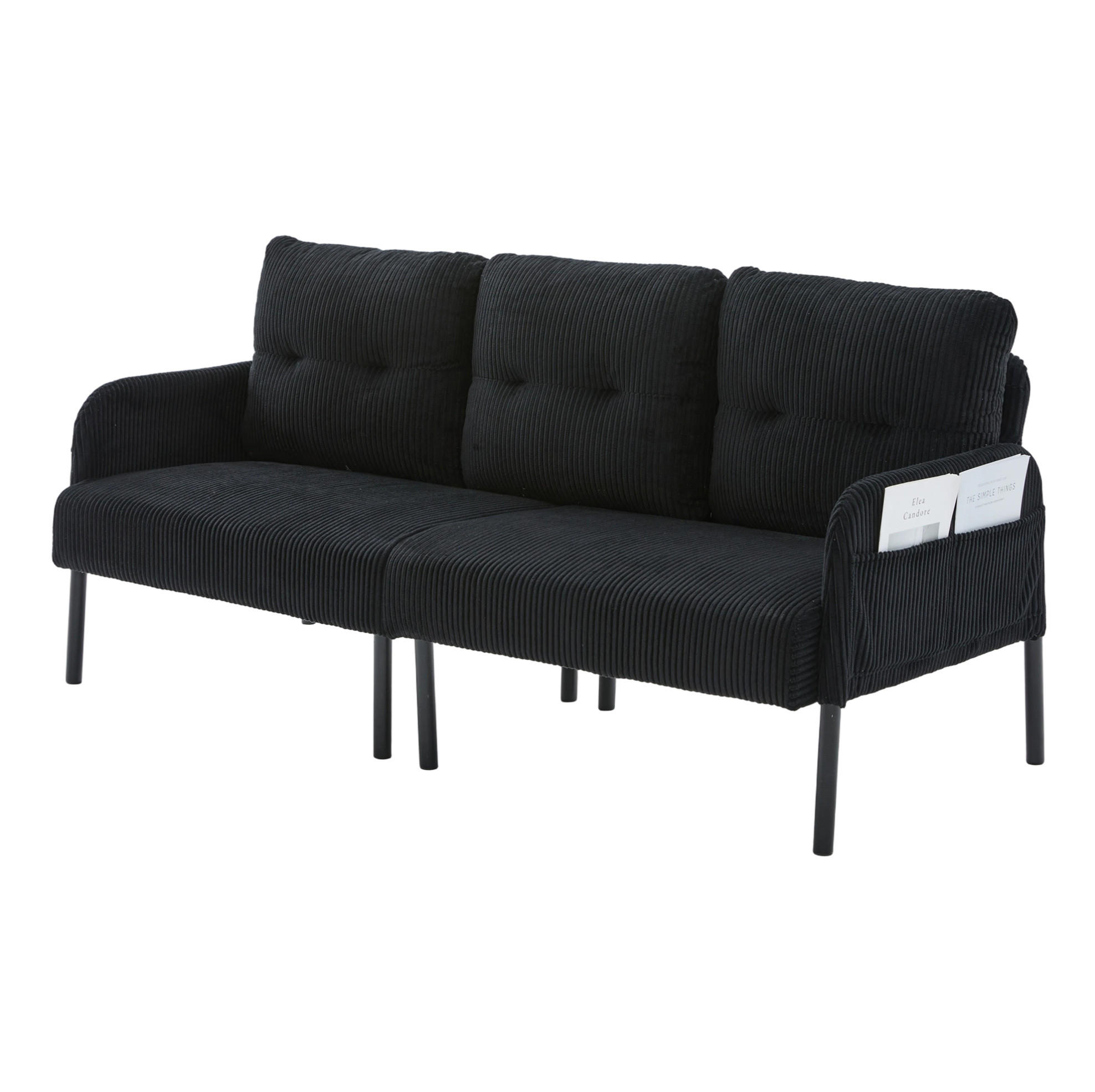 SOFA 3-Sitzer mit Seitentasche Cord Schwarz - Schwarz, Kunststoff (171/80/72cm) - Meubliv