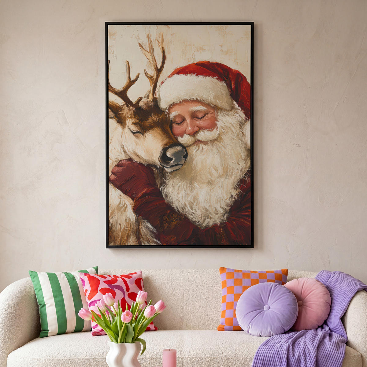 LEINWAND Bilder mit Rahmen - Weihnachtsmann - Rentier - Weihnachten - 80x120 - Rotbraun, Textil (80/120cm) - MuchoWow