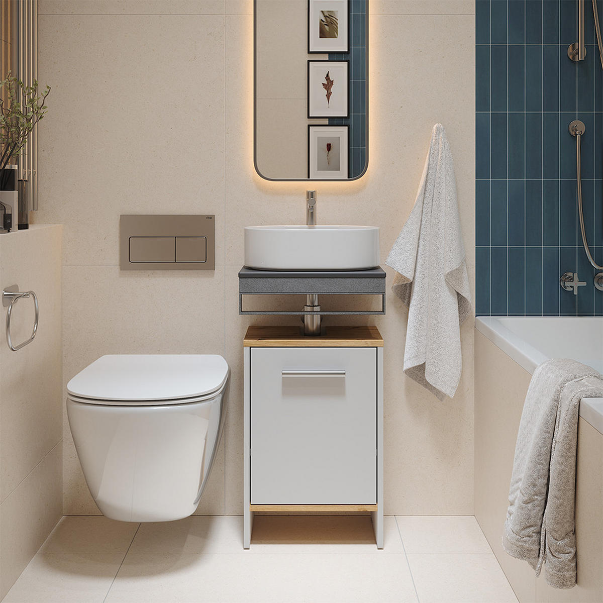 WASCHBECKENUNTERSCHRANK Karli Weiß/Goldkraft Eiche 38.2 x 57 cm mit der Tür - Weiß, Holzwerkstoff (38.2/57/26.3cm) - Vicco