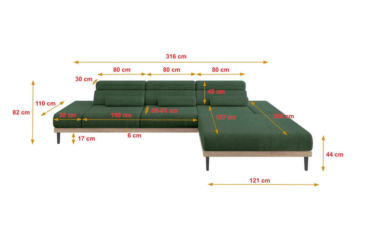 ELEKTRISCHES ECKSOFA Rechts MONA 316x205x85 Grün Cord - Salbeigrün/Grün, Holzwerkstoff/Textil (316/205cm) - ALTDECOR