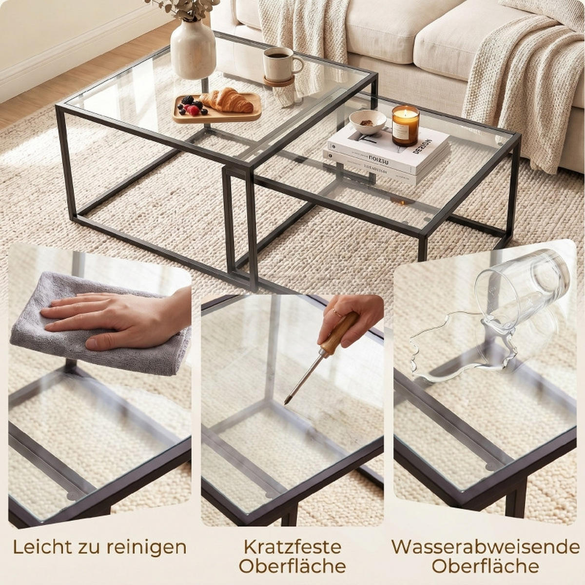 COUCHTISCH 2er-Set Runde Satztische mit Glasplatte DE-39930 Schwarz - Schwarz, Metall (75/75/42cm) - ComfortXL