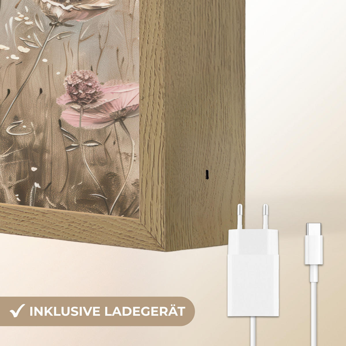NÁSTĚNNÁ LAMPA S AKUMULÁTOREM Květiny - růžová - moderní - béžová 40x30 cm - starorůžová, kompozitní dřevo (40/30/8cm) - OnlyWow