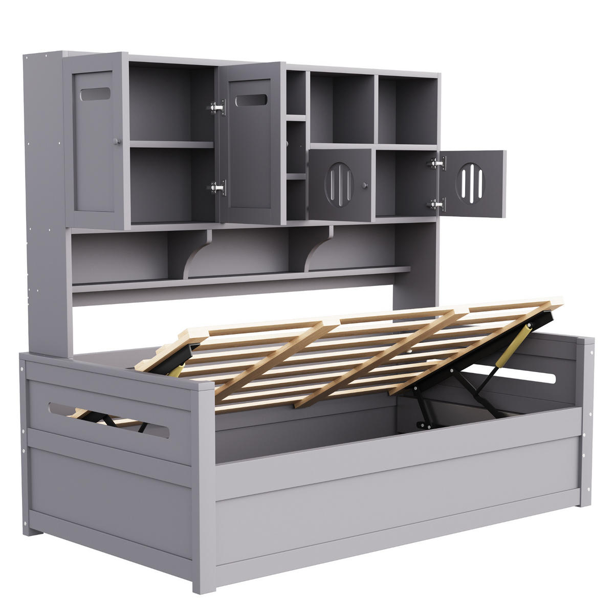 BETT 90/200 cm mit hydraulischem Bettmechanismus und Stauraum Grau Holz - Grau, Holz (90/200cm) - OKWISH