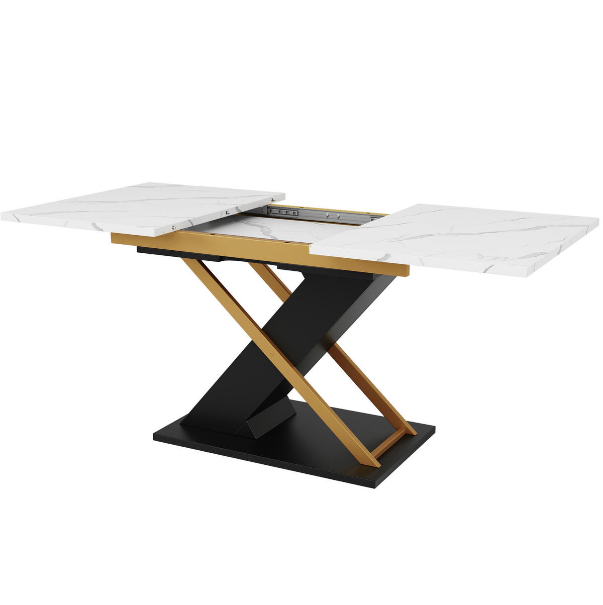 ESSTISCH 120-160x80x75 cm in Weiß Gold Schwarz aus MDF mit Marmoroptik auf schwarzen Kreuzbeinen ausziehbar - Weiß, Holzwerkstoff (160/80/75.4cm) - Modfu