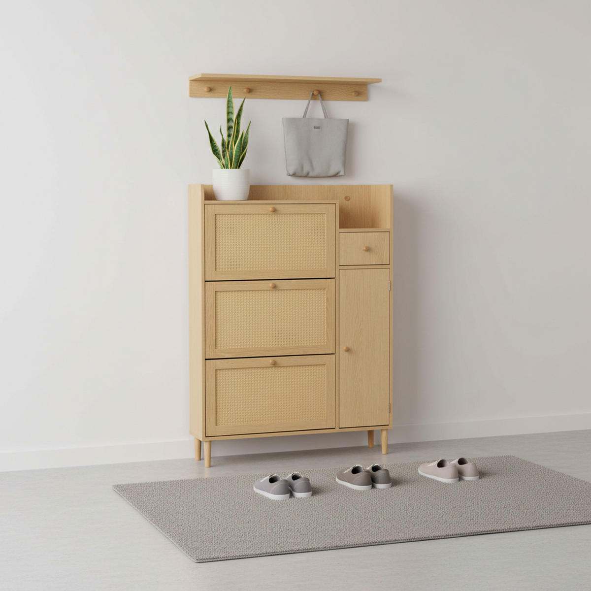 SCHUHSCHRANK Rattan Platzsparender mit 3 Kipp-Türen & 1 Schublade - Eichefarben, Holzwerkstoff (90/125/17cm) - Urban Meuble
